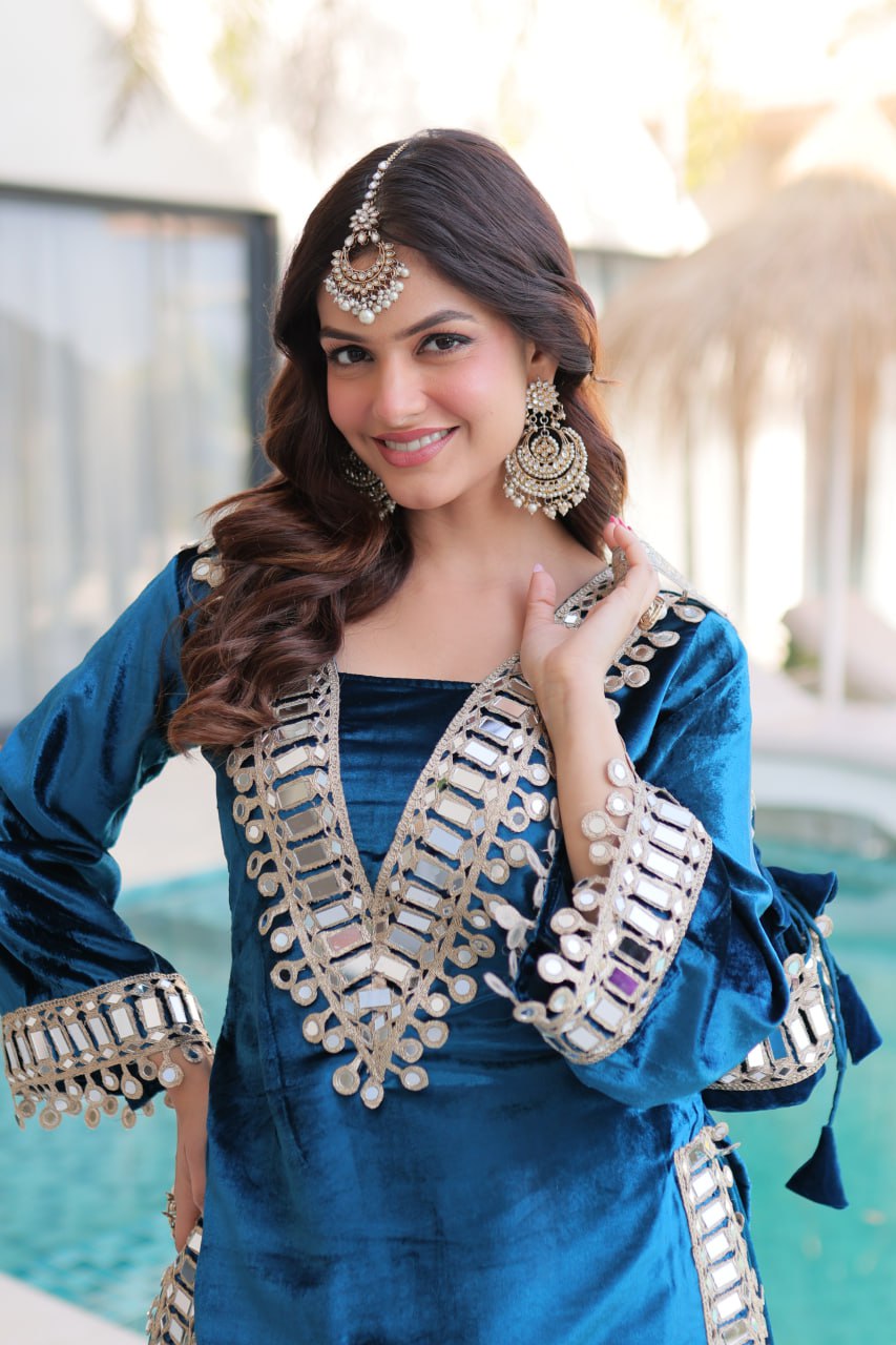 Teal blue ice velvet zari mirror work top with flared palazzo set mameraa