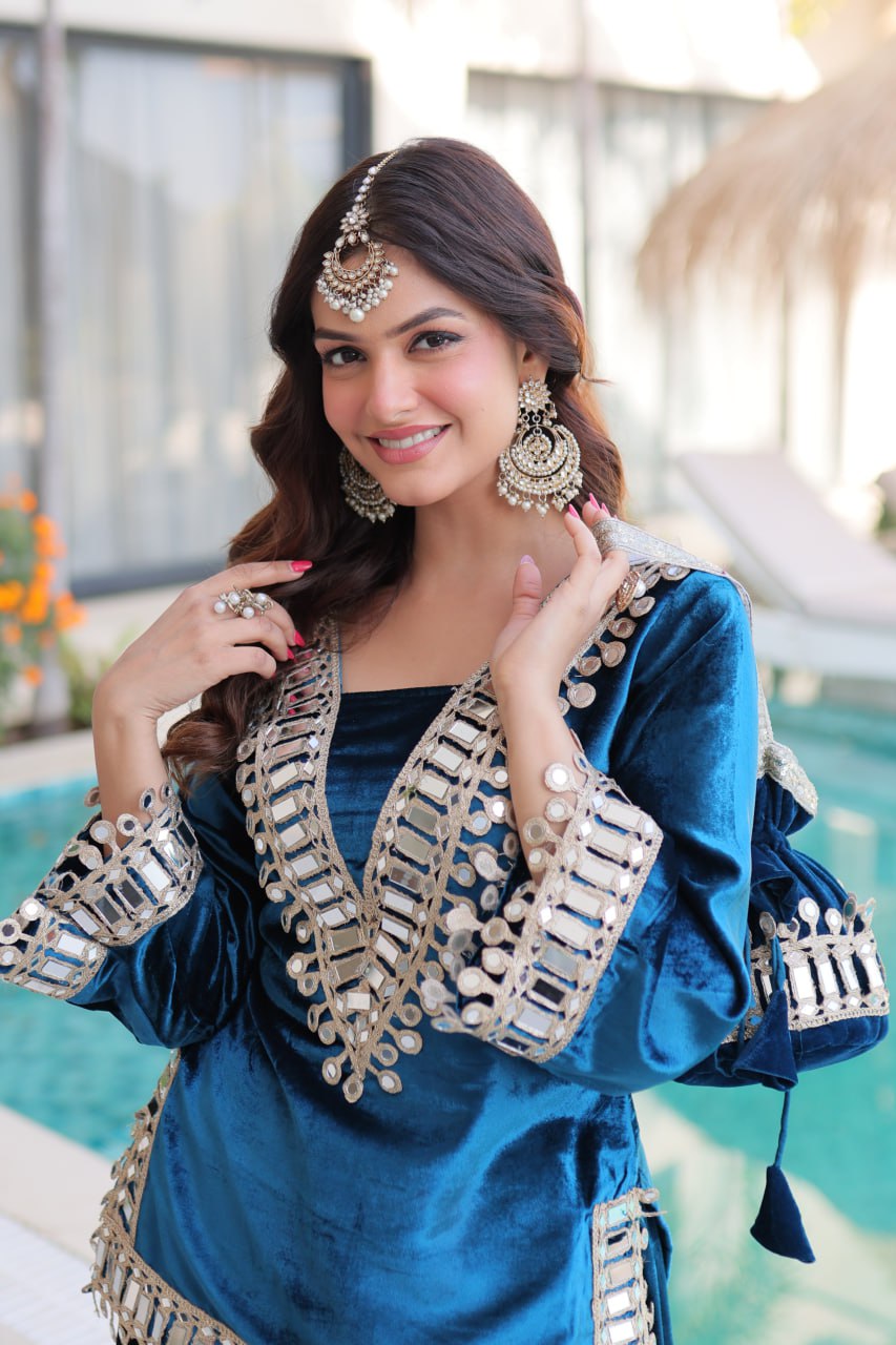 Teal blue ice velvet zari mirror work top with flared palazzo set
