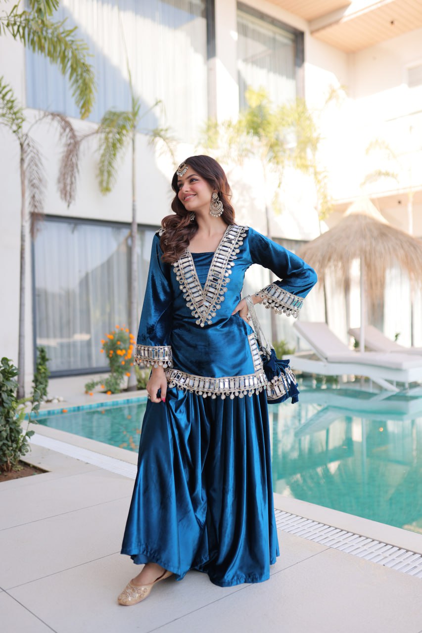 Teal blue ice velvet zari mirror work top with flared palazzo set