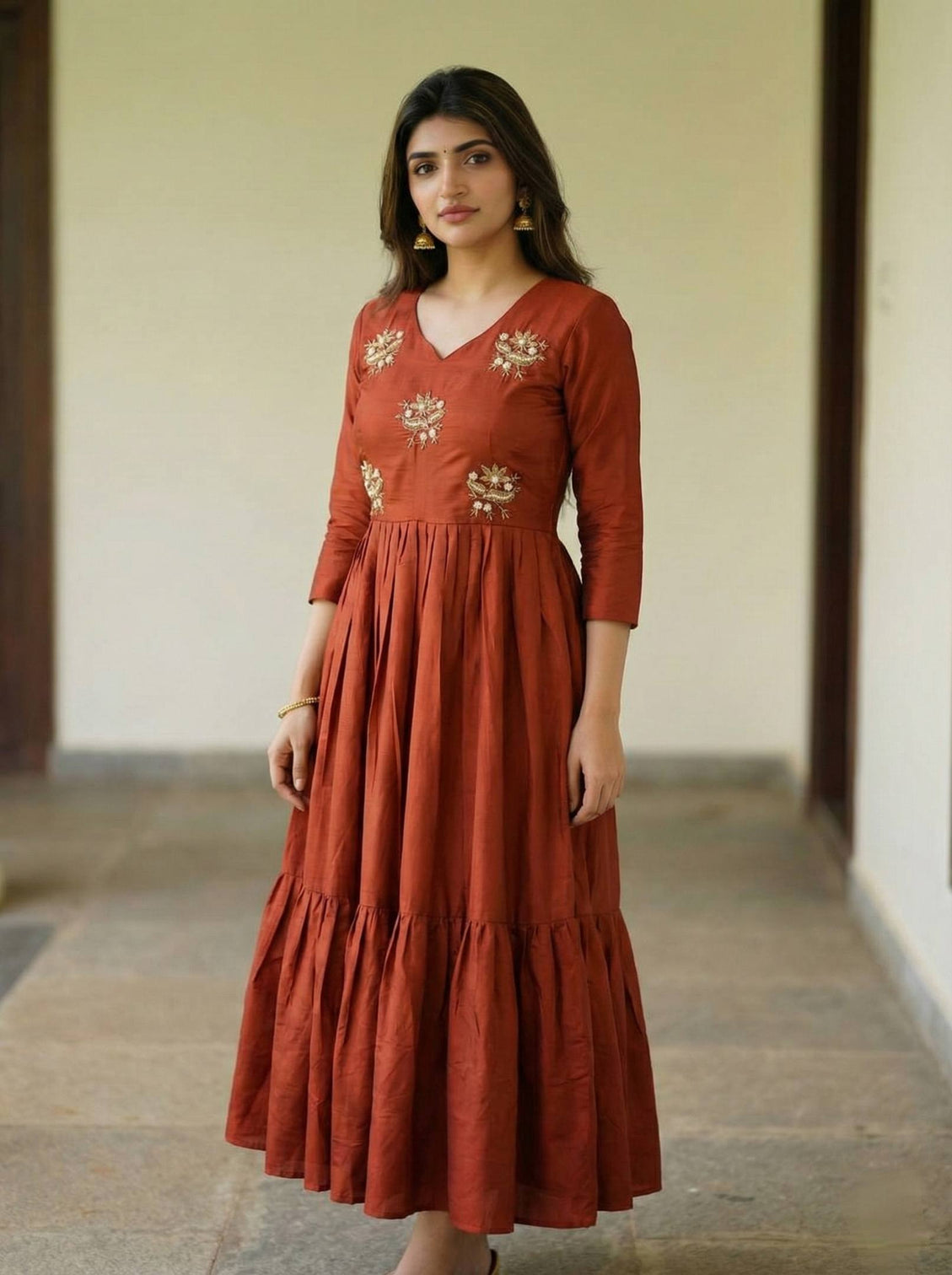Festive wear rust roman fabric anarkali gown elegant long dress for women
