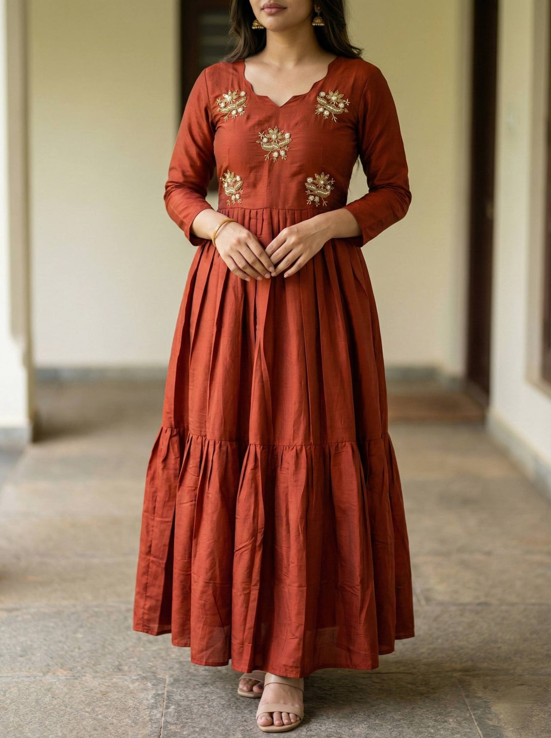 Festive wear rust roman fabric anarkali gown elegant long dress for women