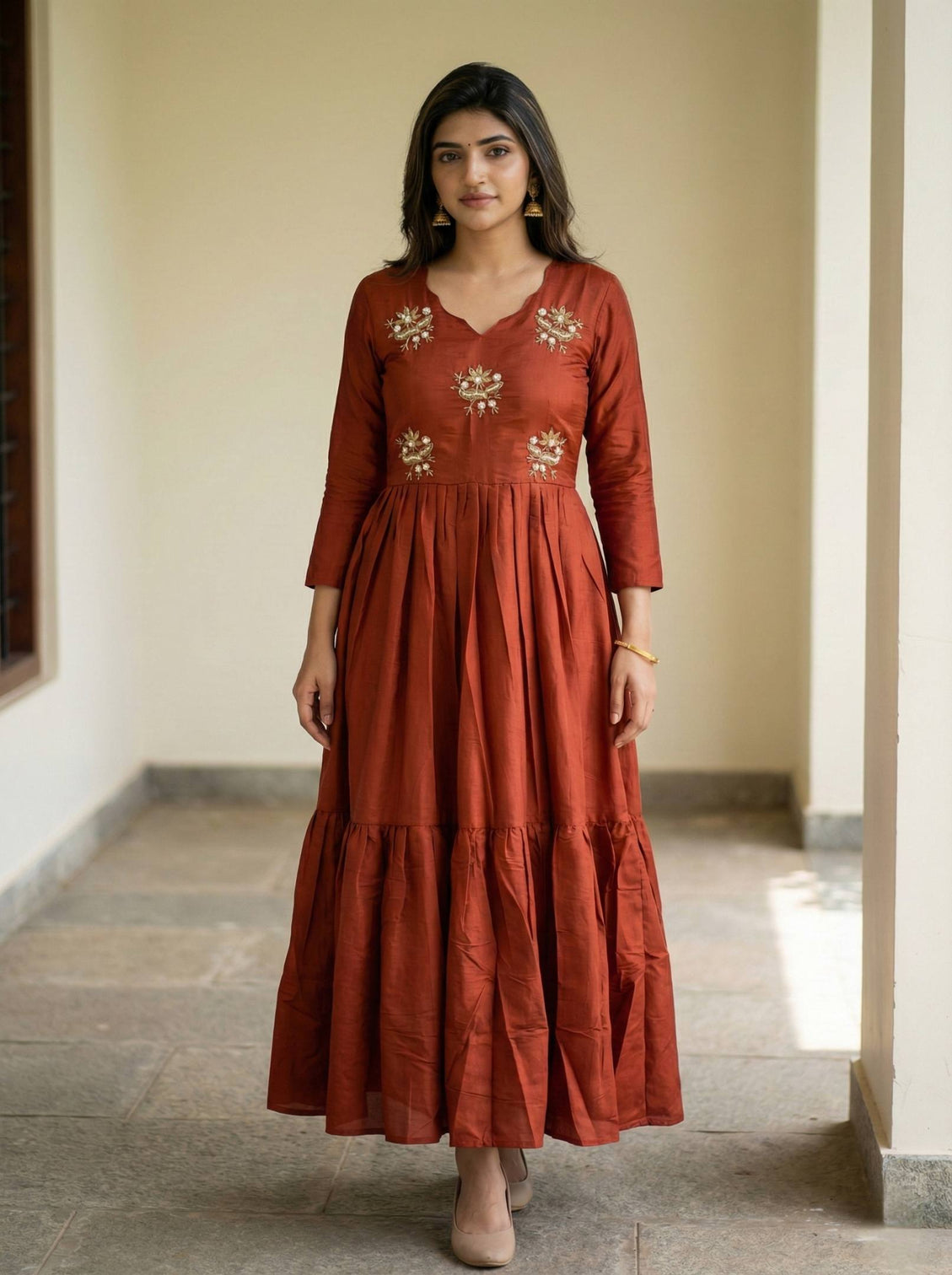 Festive wear rust roman fabric anarkali gown elegant long dress for women mameraa