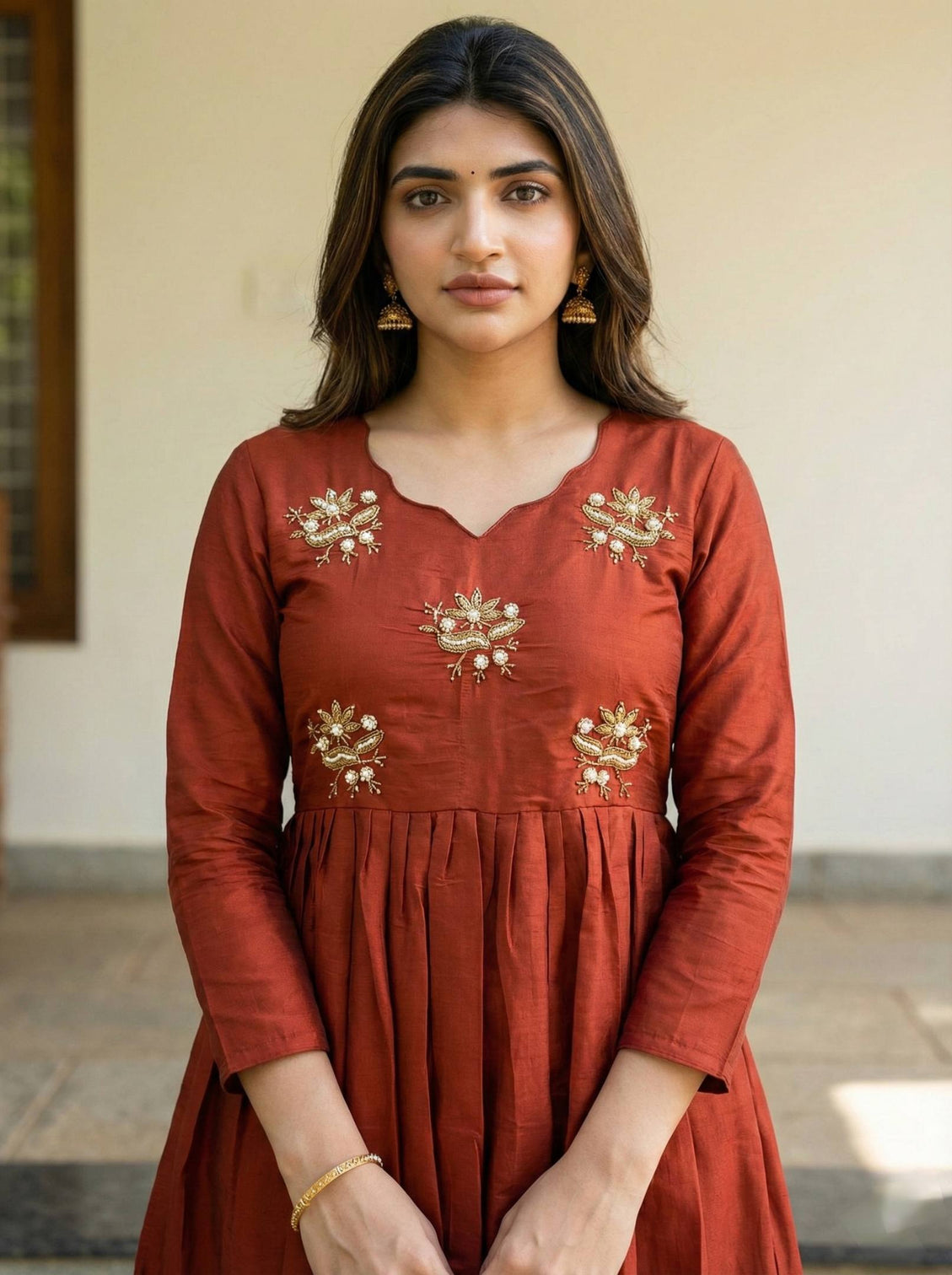 Festive wear rust roman fabric anarkali gown elegant long dress for women