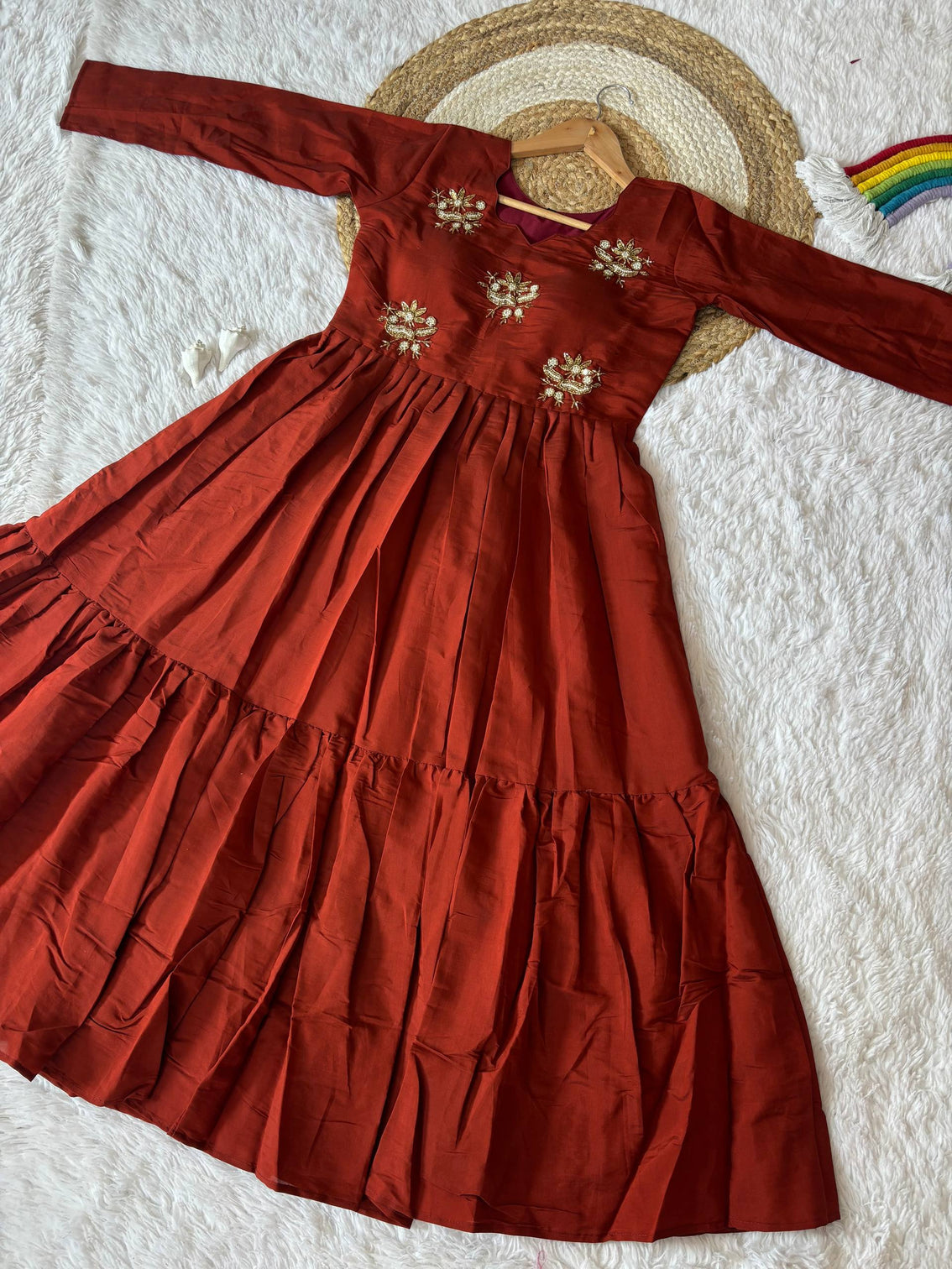 Festive wear rust roman fabric anarkali gown elegant long dress for women