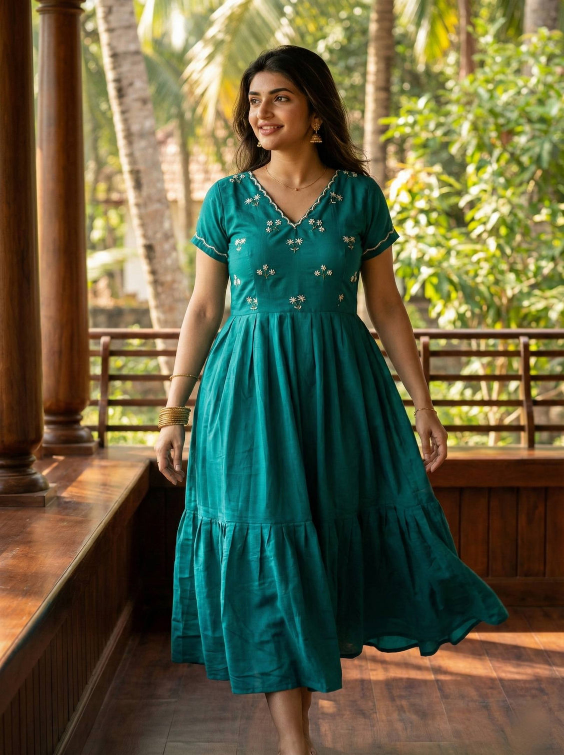 Elegant rama green ethnic gown for women handworked moti kardana long dress mameraa