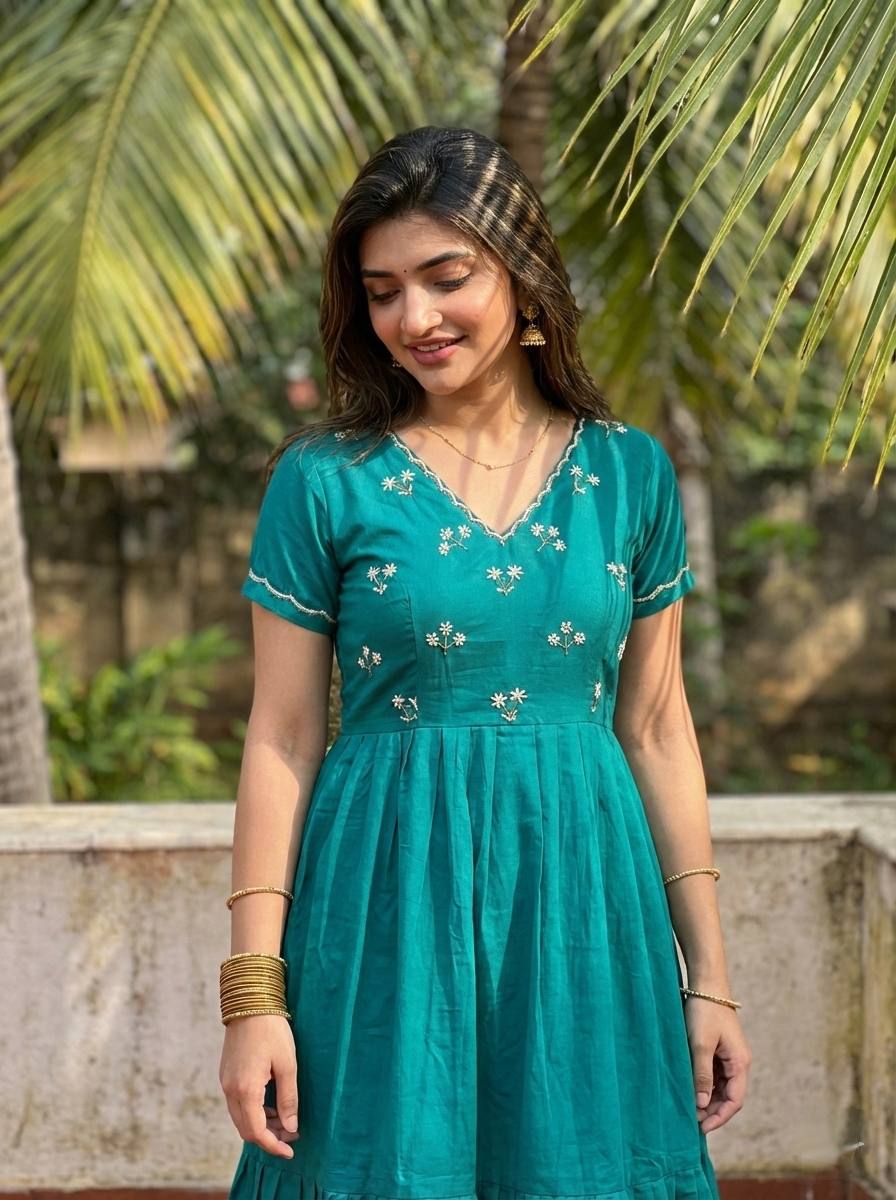 Elegant rama green ethnic gown for women handworked moti kardana long dress