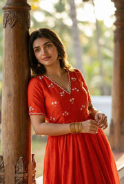 Designer red ethnic gown for women with moti kardana hand embroidery