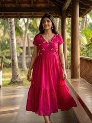 Designer rani pink ethnic gown for women with moti kardana hand embroidery mameraa
