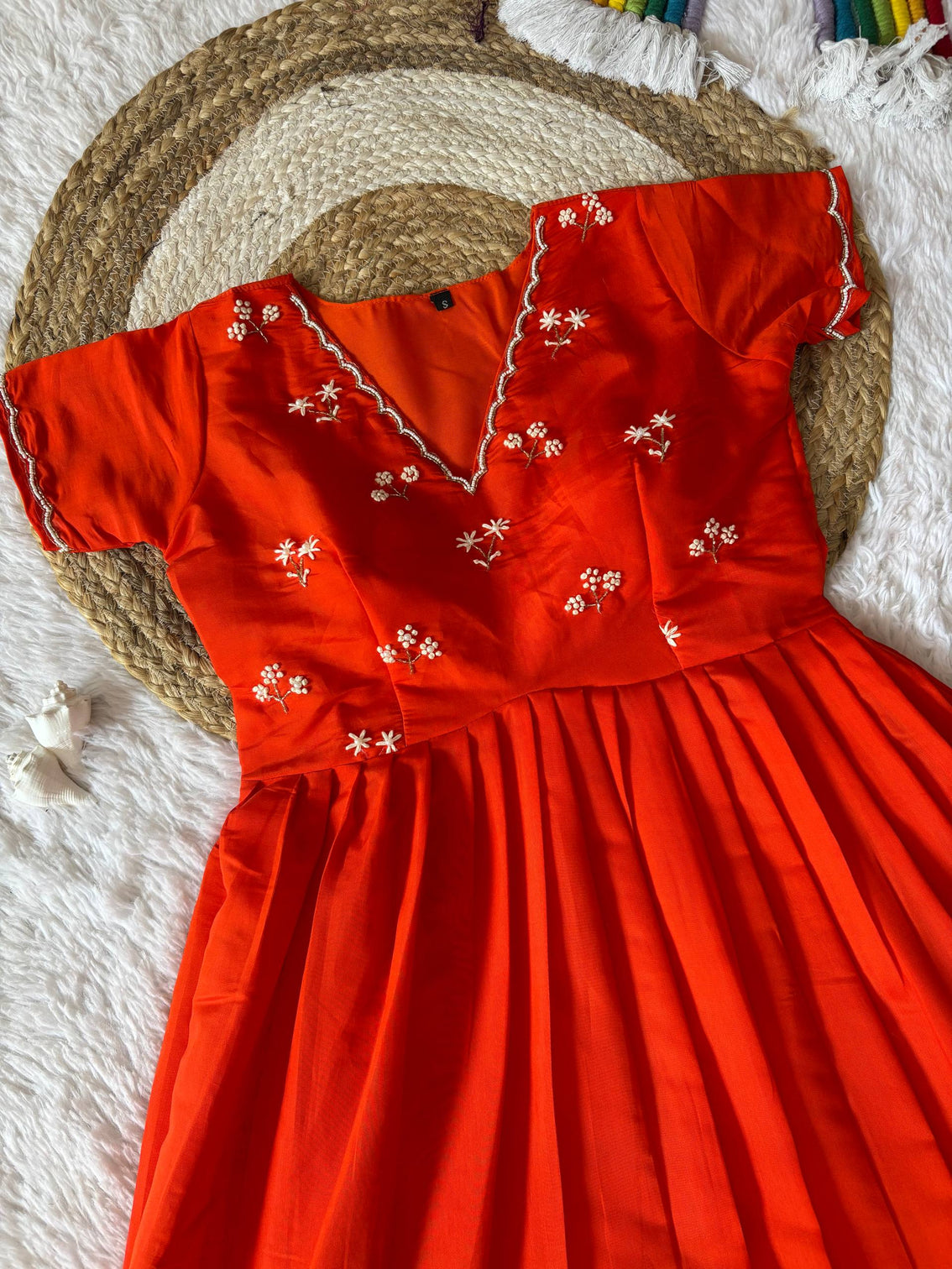 Designer red ethnic gown for women with moti kardana hand embroidery