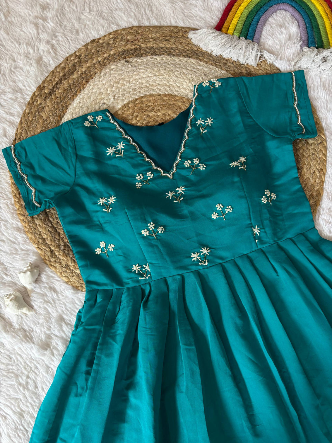 Elegant rama green ethnic gown for women handworked moti kardana long dress