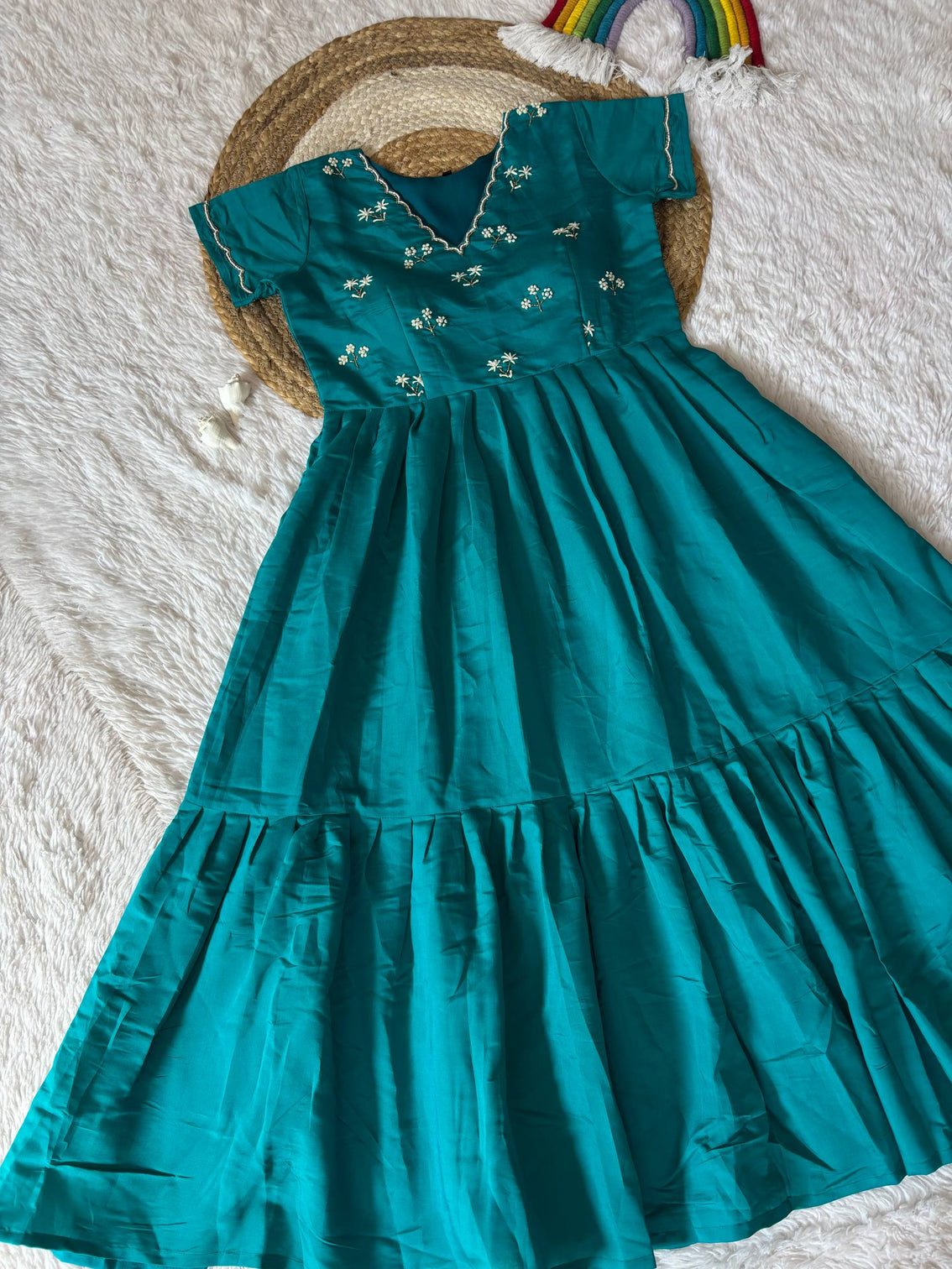Elegant rama green ethnic gown for women handworked moti kardana long dress