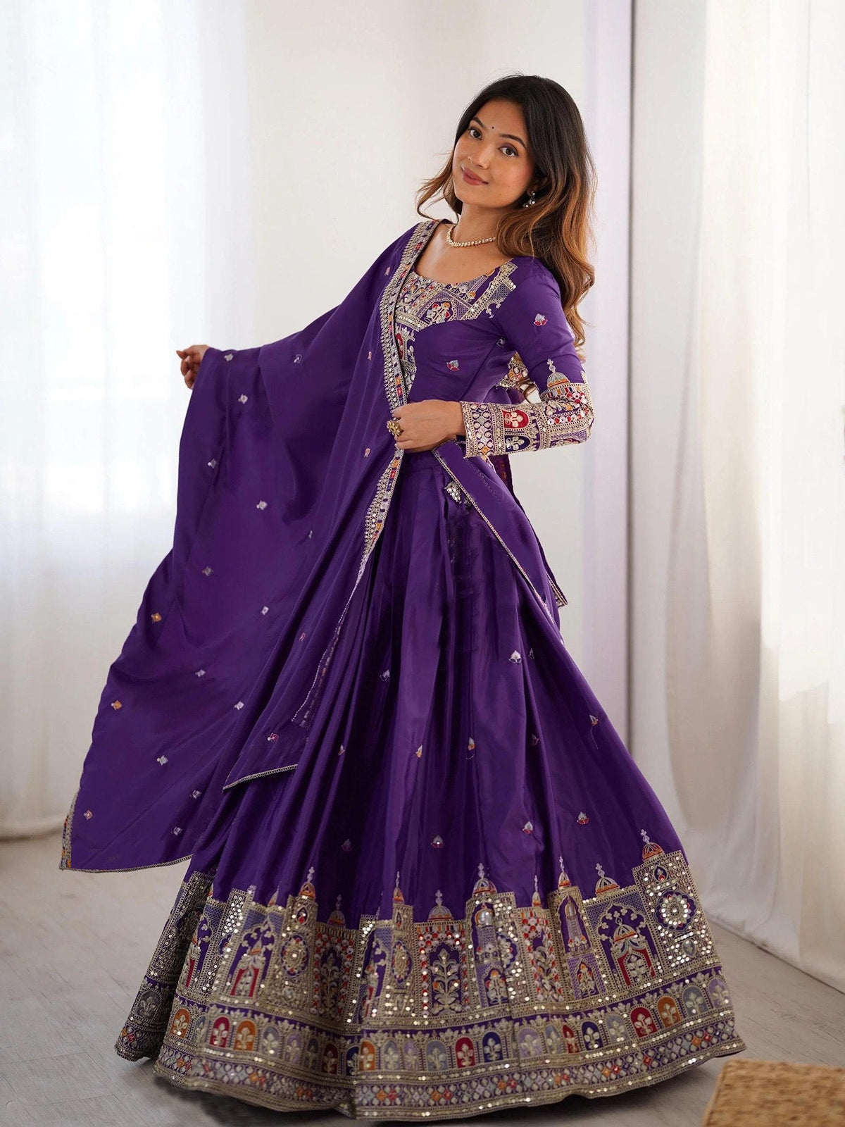 Royal Purple Embroidered Lehenga Choli with Heavy Traditional Border