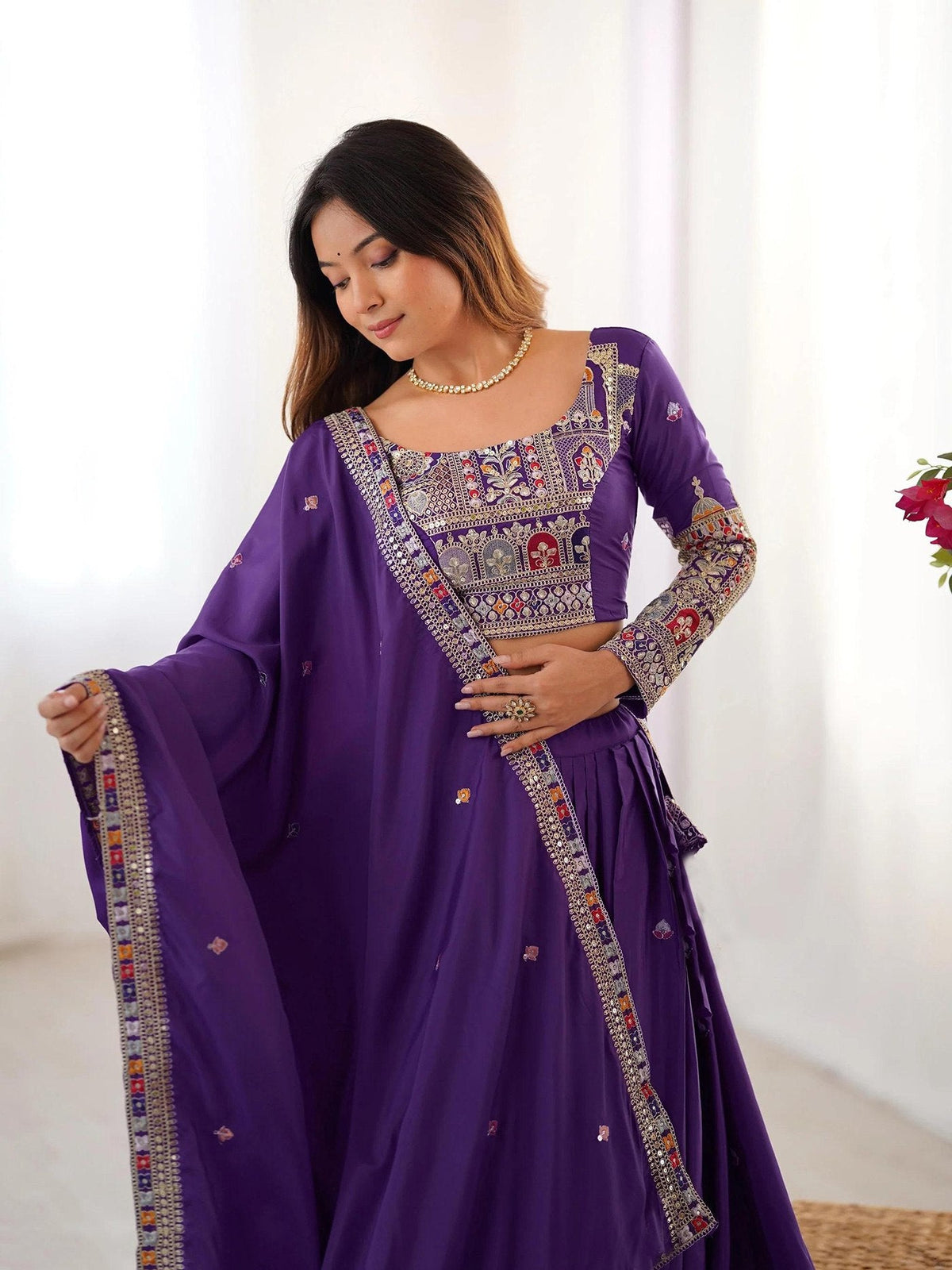 Royal Purple Embroidered Lehenga Choli with Heavy Traditional Border