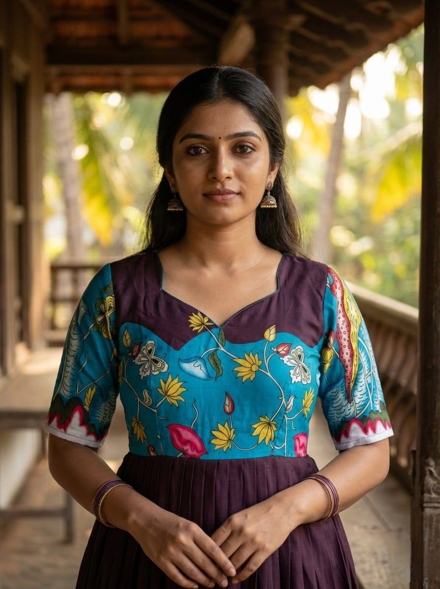 Elegant wine purple teal kalamkari print maslin gown