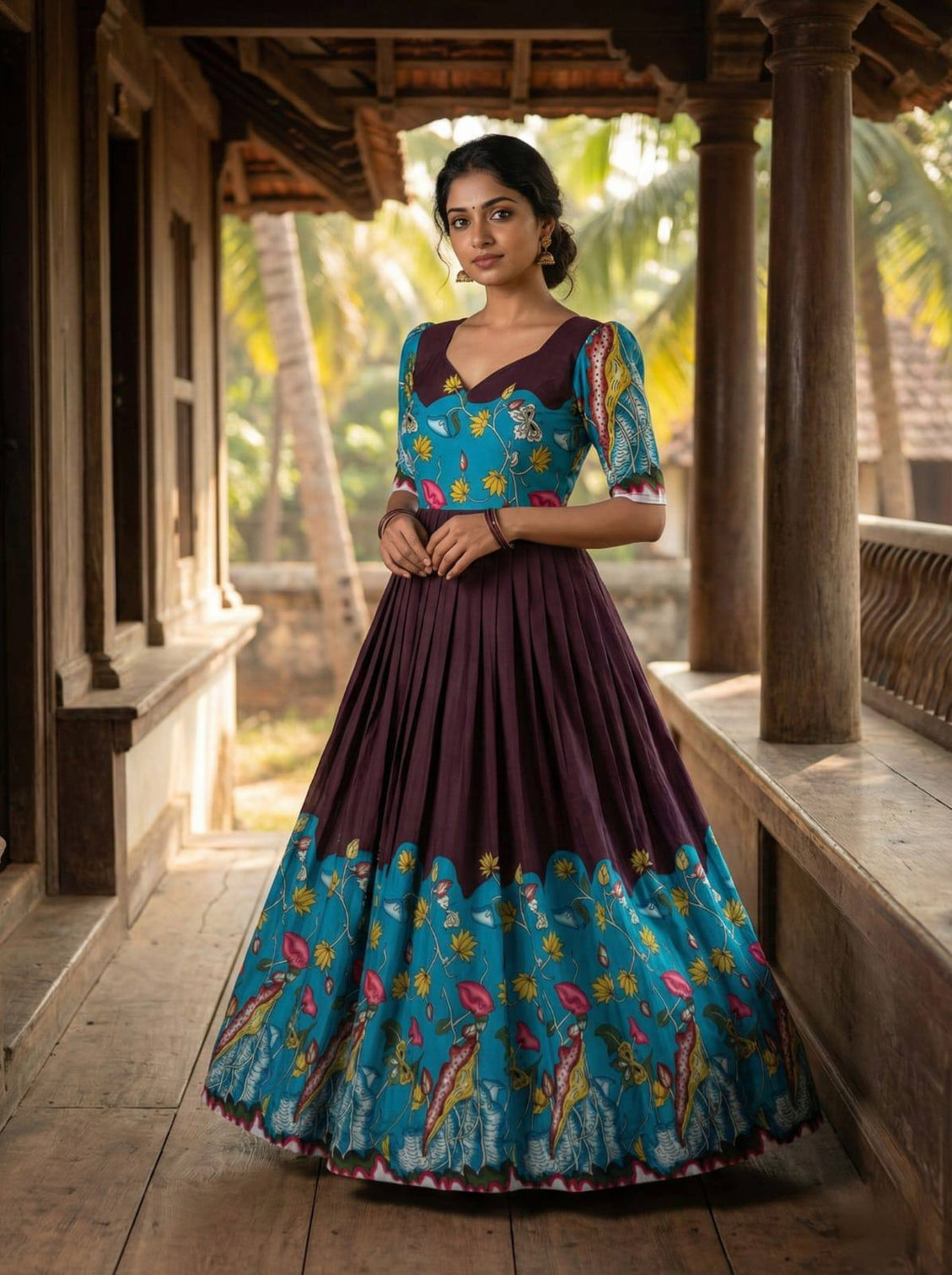 Elegant wine purple teal kalamkari print maslin gown mameraa