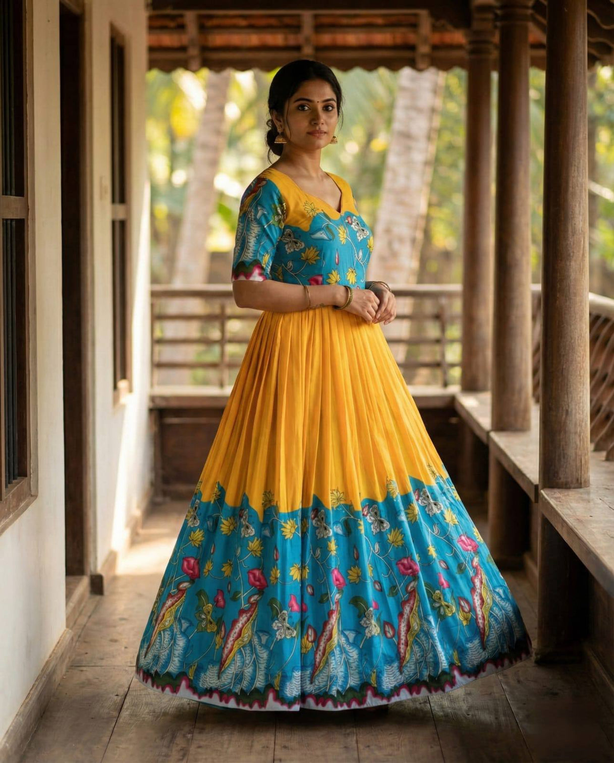 Sunshine yellow kalamkari printed maslin gown mameraa