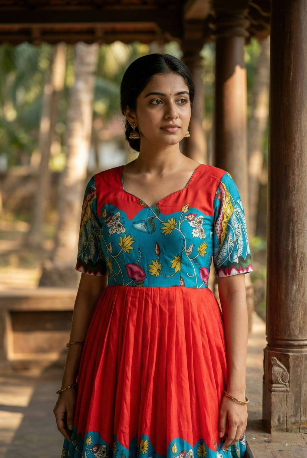 Ruby red kalamkari printed maslin gown