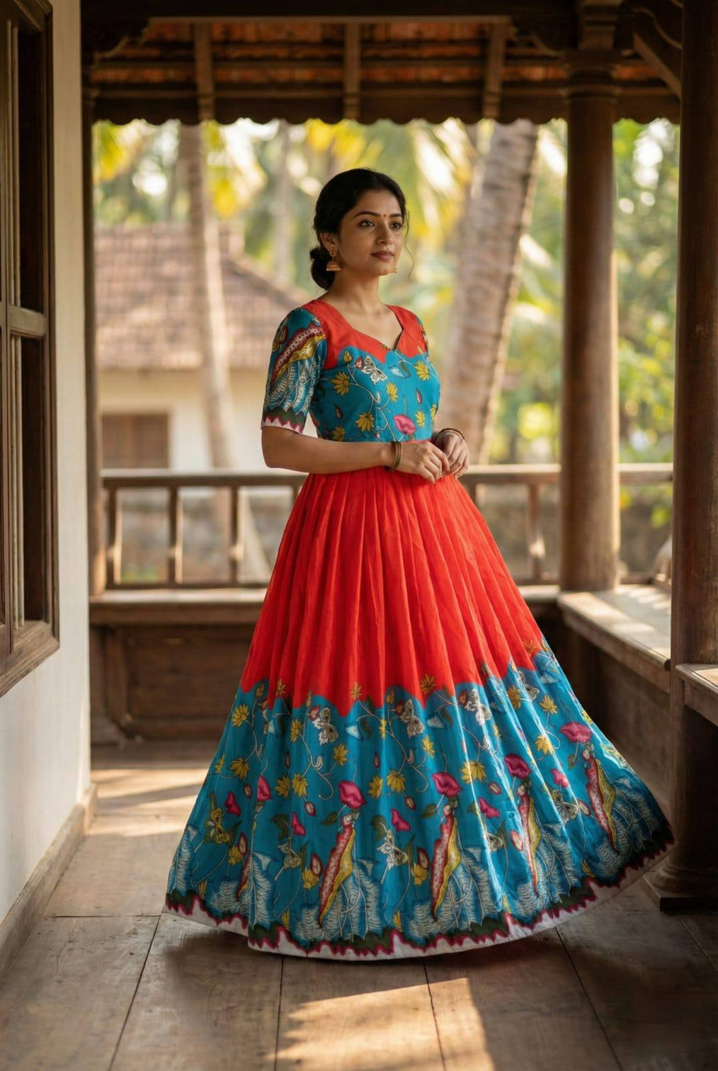 Ruby red kalamkari printed maslin gown mameraa