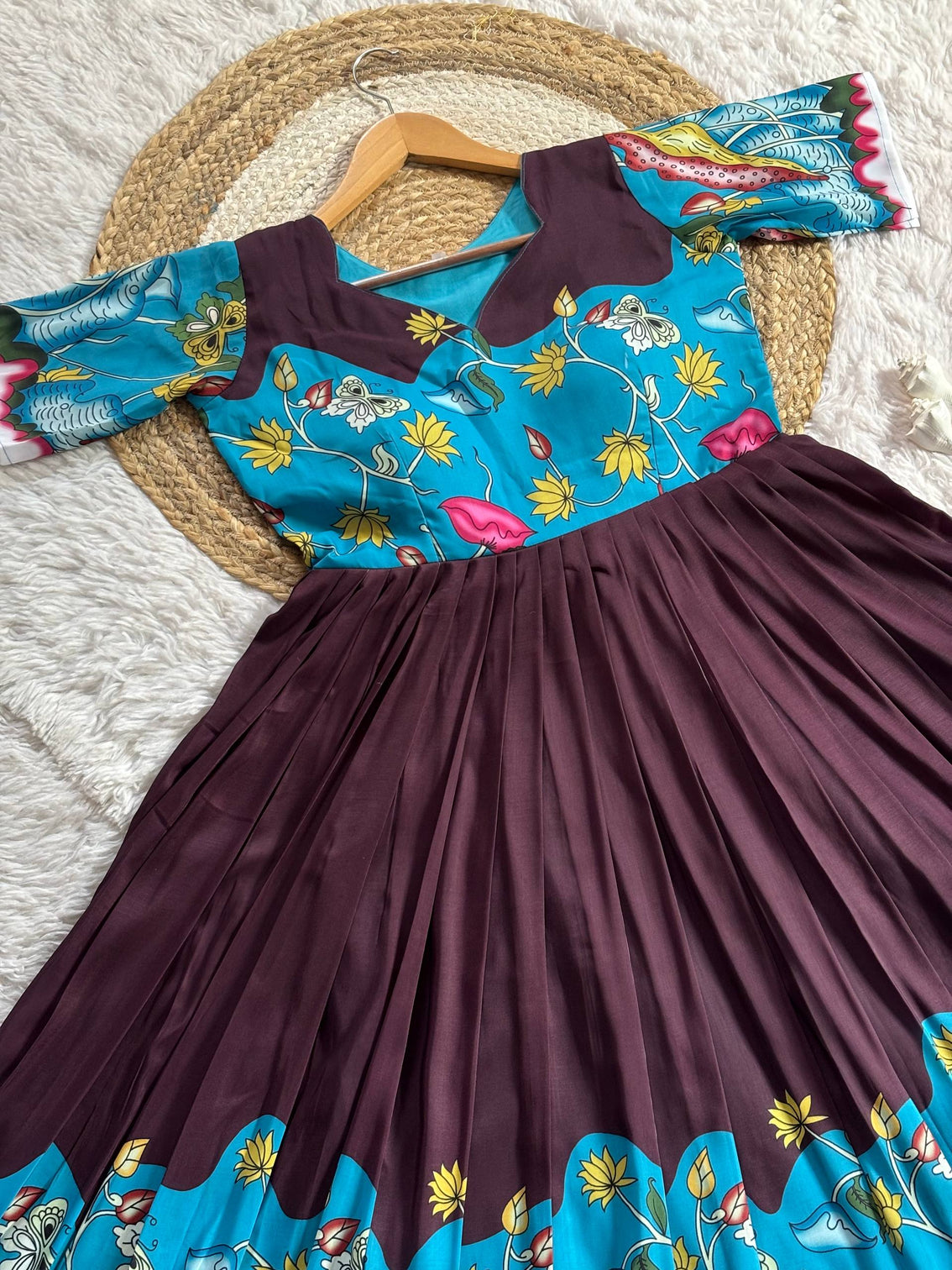 Elegant wine purple teal kalamkari print maslin gown
