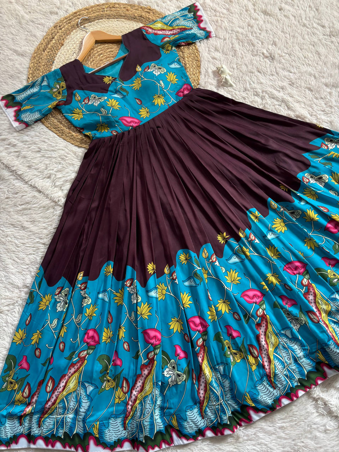 Elegant wine purple teal kalamkari print maslin gown