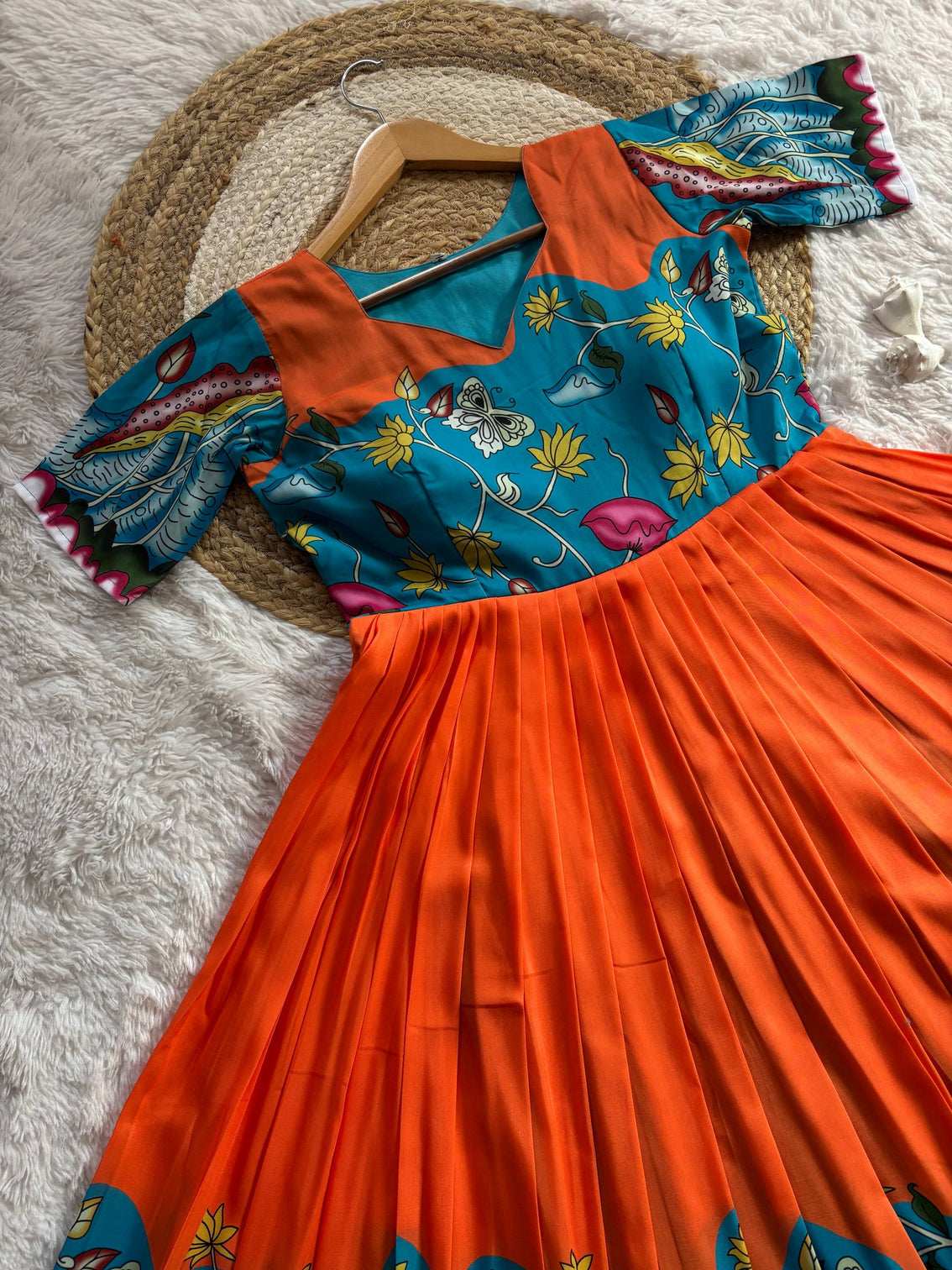 Teal orange kalamkari print maslin gown with flared silhouette