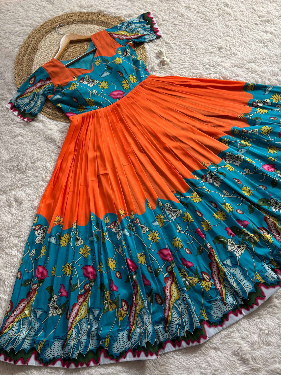 Teal orange kalamkari print maslin gown with flared silhouette