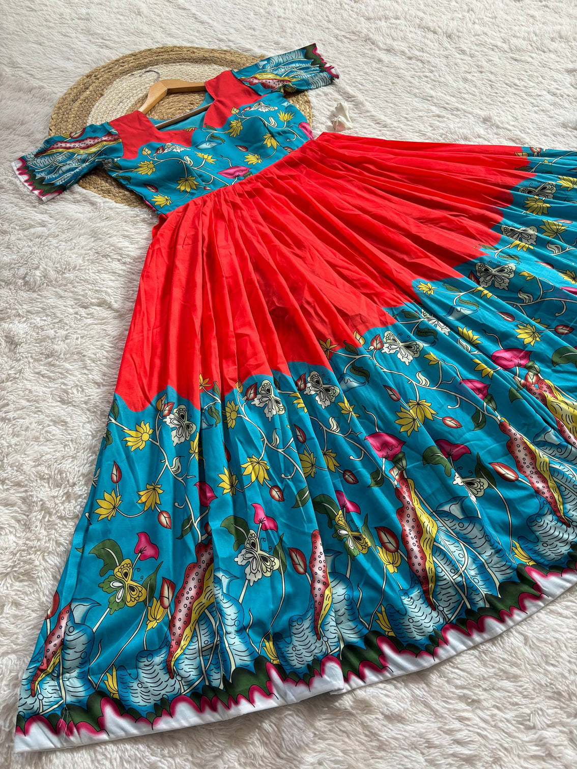 Ruby red kalamkari printed maslin gown