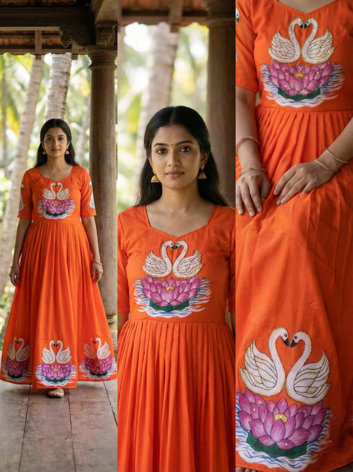 Radiant orange muslin gown with hand painted swan khatli art mameraa