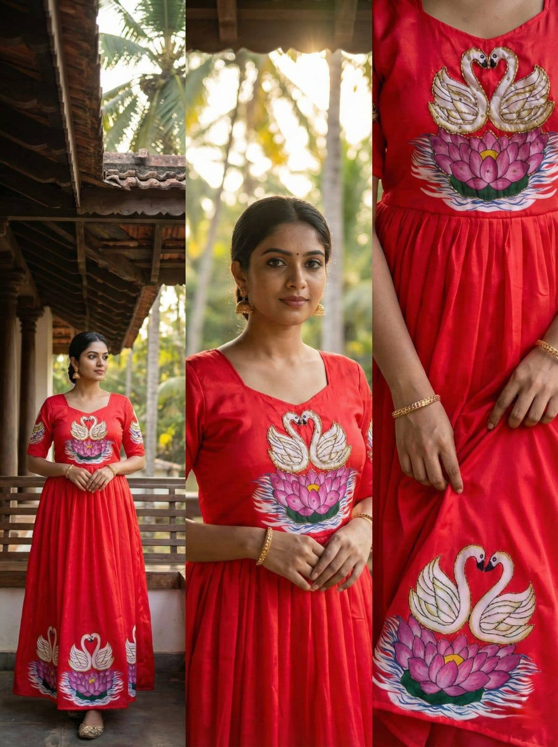 Radiant red muslin gown with artisanal swan khatli handwork mameraa
