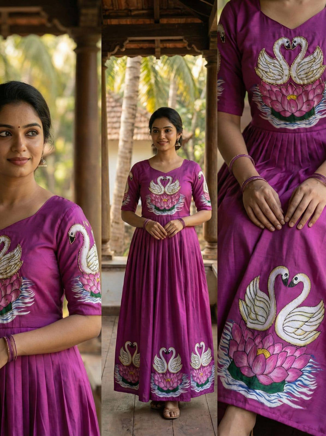 Magenta maslin silk gown with swan print intricate khatli handwork mameraa