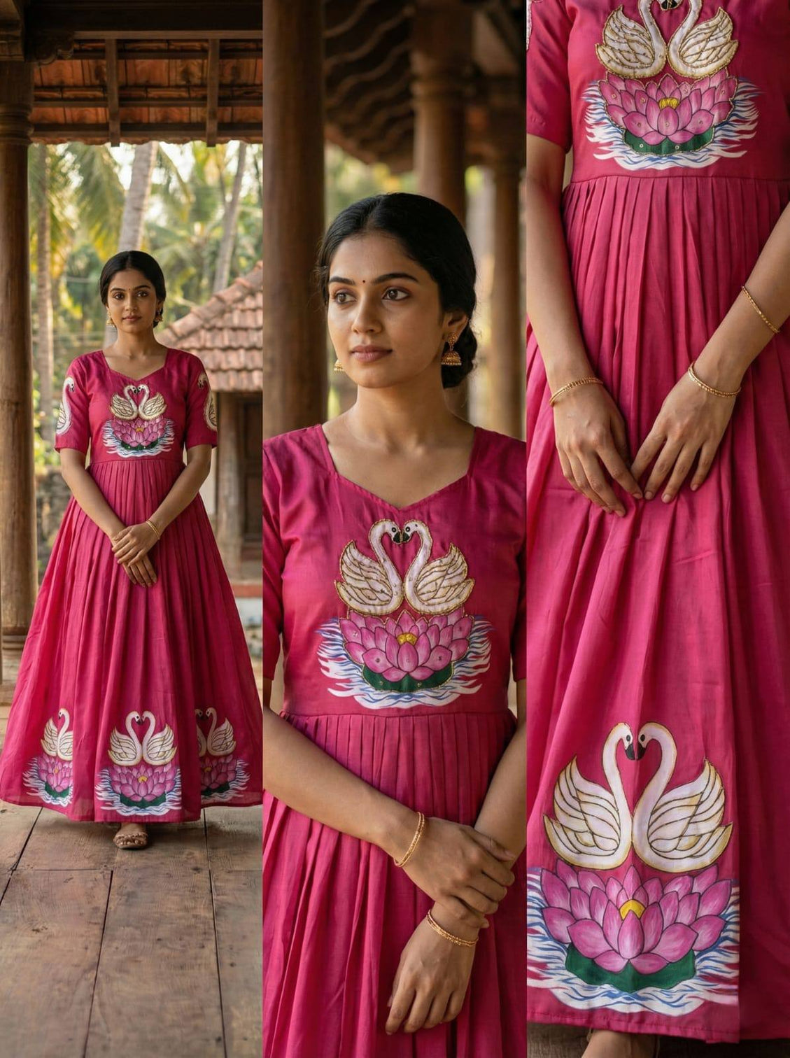 Graceful pink muslin gown with swan art khatli handwork mameraa