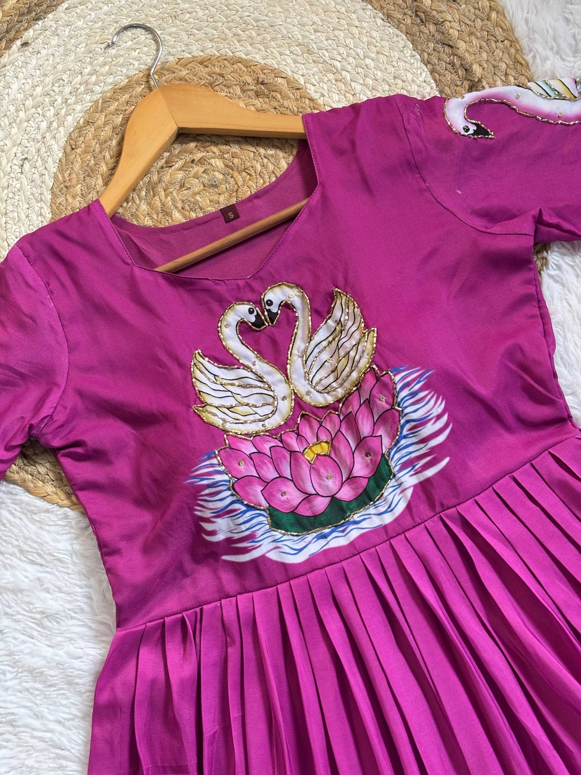 Magenta maslin silk gown with swan print intricate khatli handwork