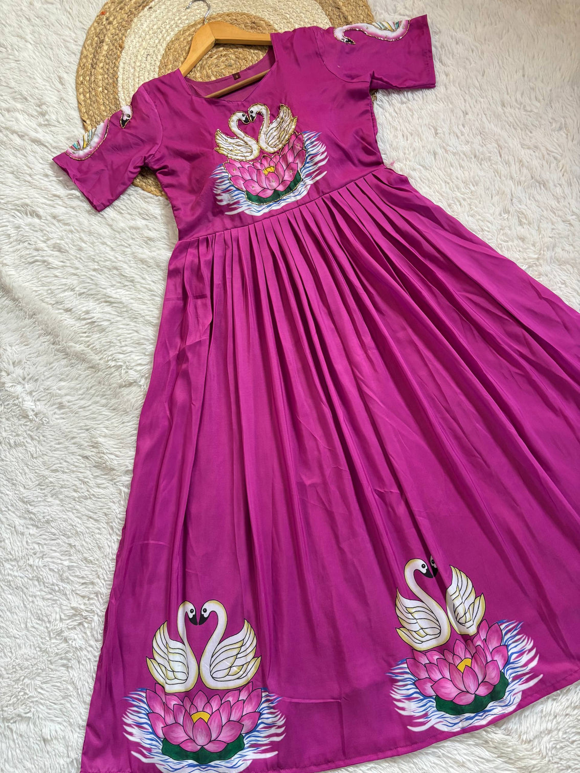 Magenta maslin silk gown with swan print intricate khatli handwork