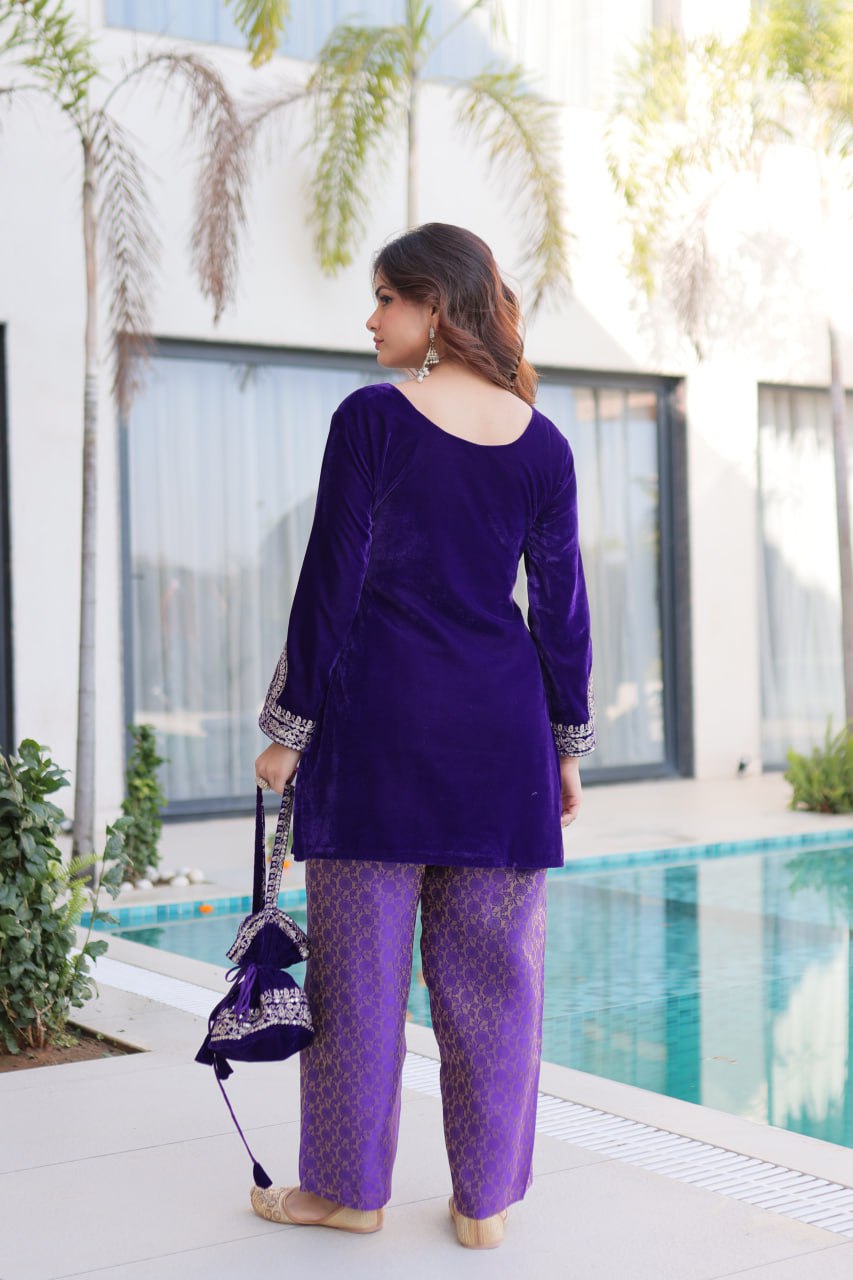 Purple Velvet Top Pant Set & Matching Batwa