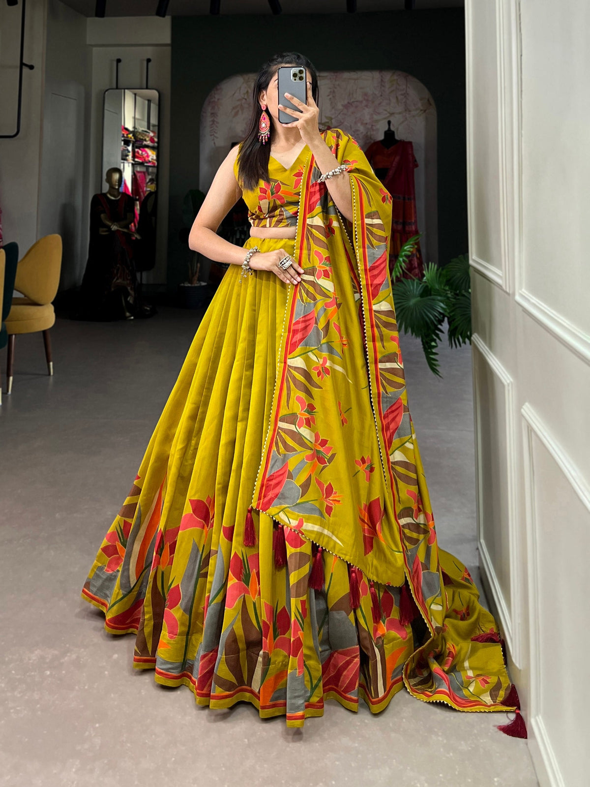 Mustard Green Floral Printed Lehenga Choli with Designer Dupatta