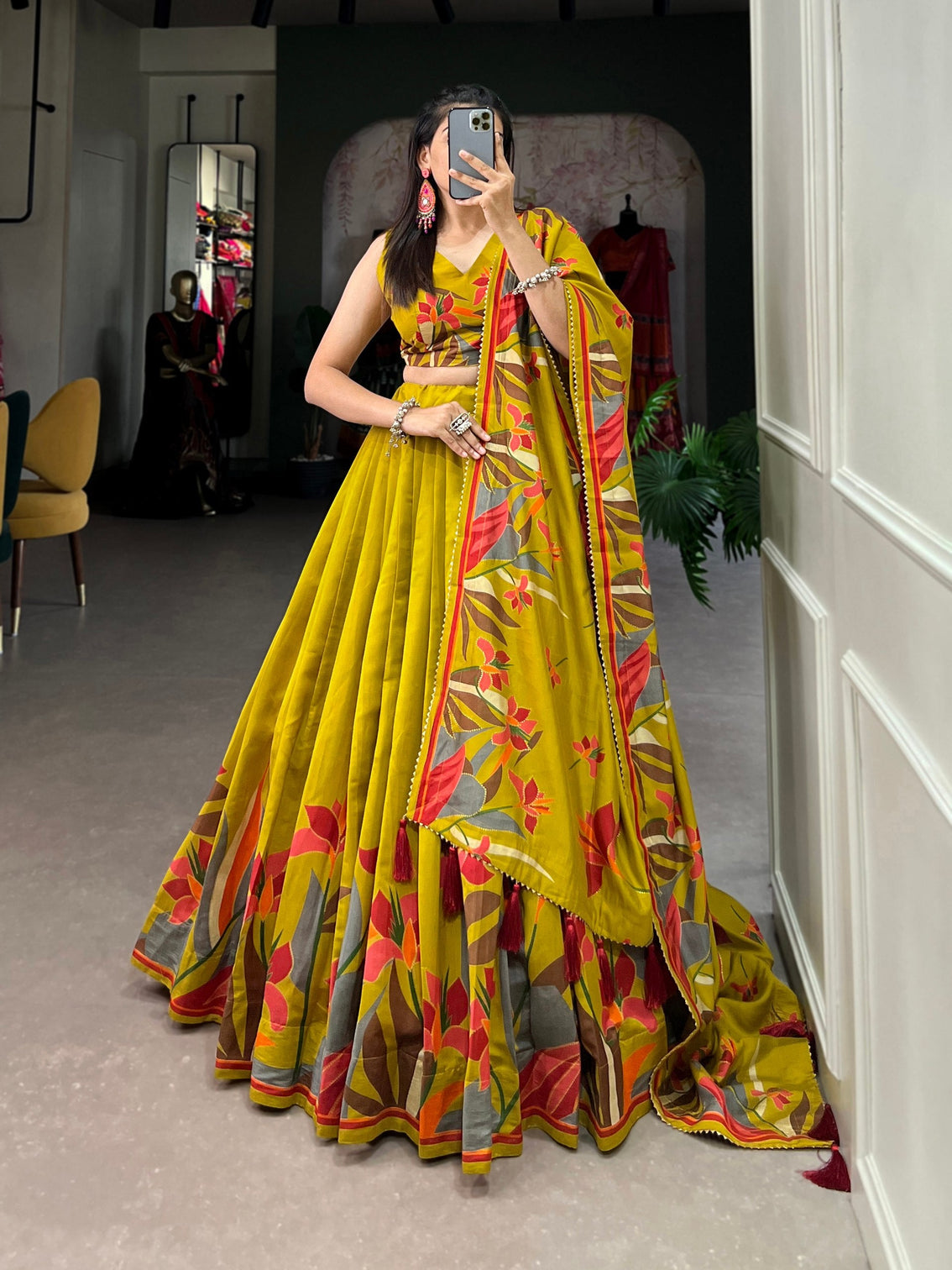 Mustard Green Floral Printed Lehenga Choli with Designer Dupatta