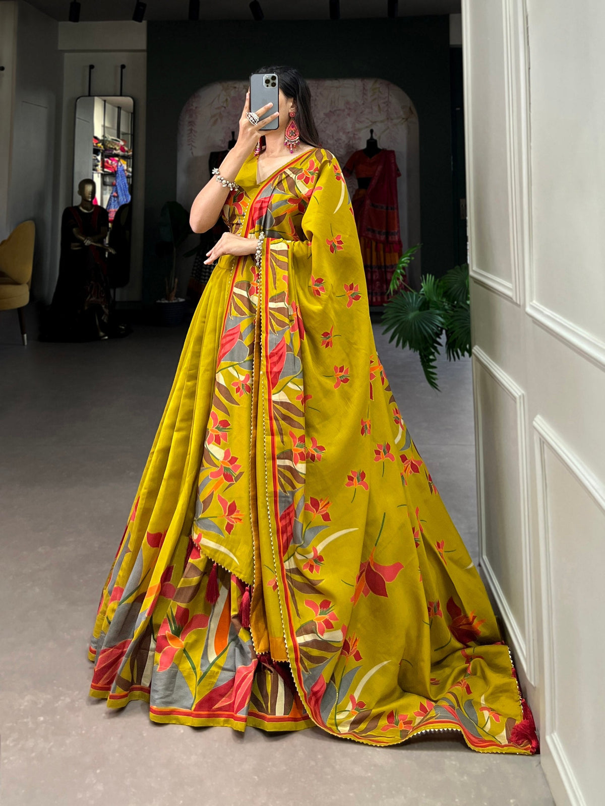 Mustard Green Floral Printed Lehenga Choli with Designer Dupatta