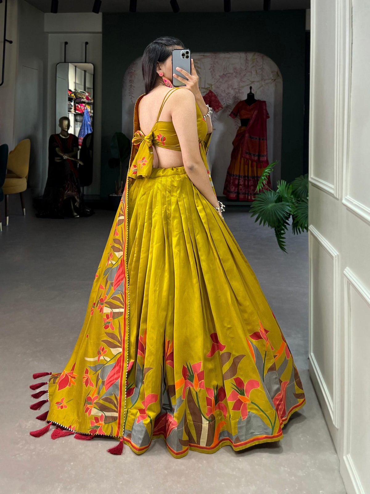 Mustard Green Floral Printed Lehenga Choli with Designer Dupatta