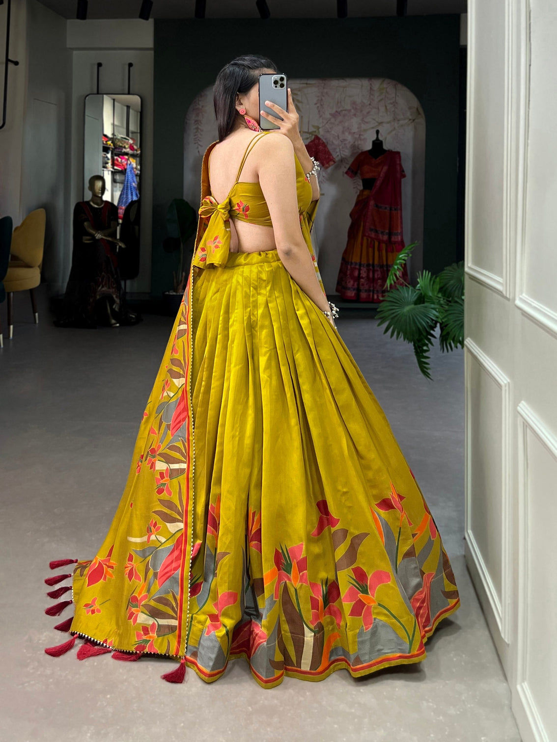 Mustard Green Floral Printed Lehenga Choli with Designer Dupatta