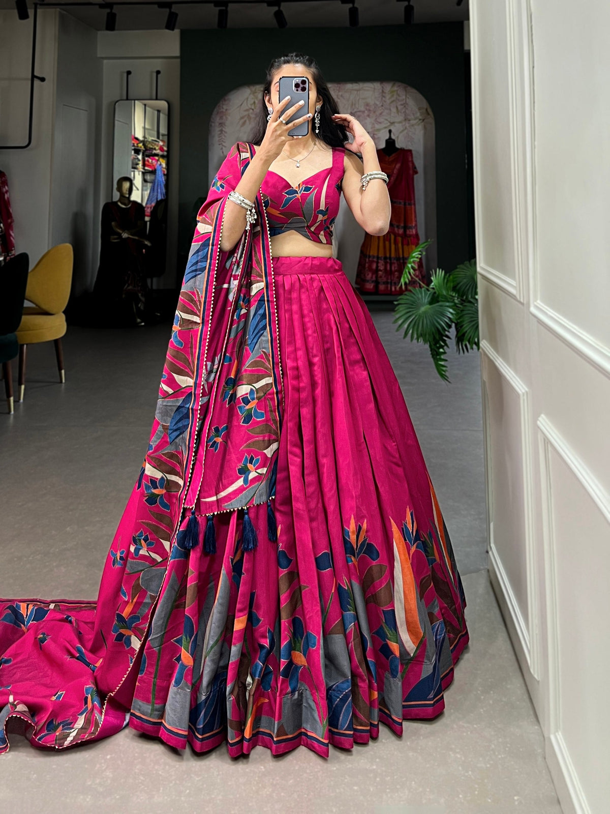 Rani Pink Printed Lehenga Choli with Designer Dupatta