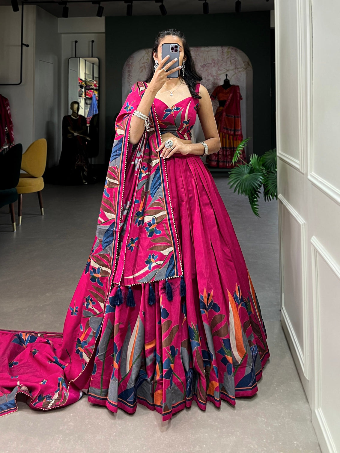 Rani Pink Printed Lehenga Choli with Designer Dupatta