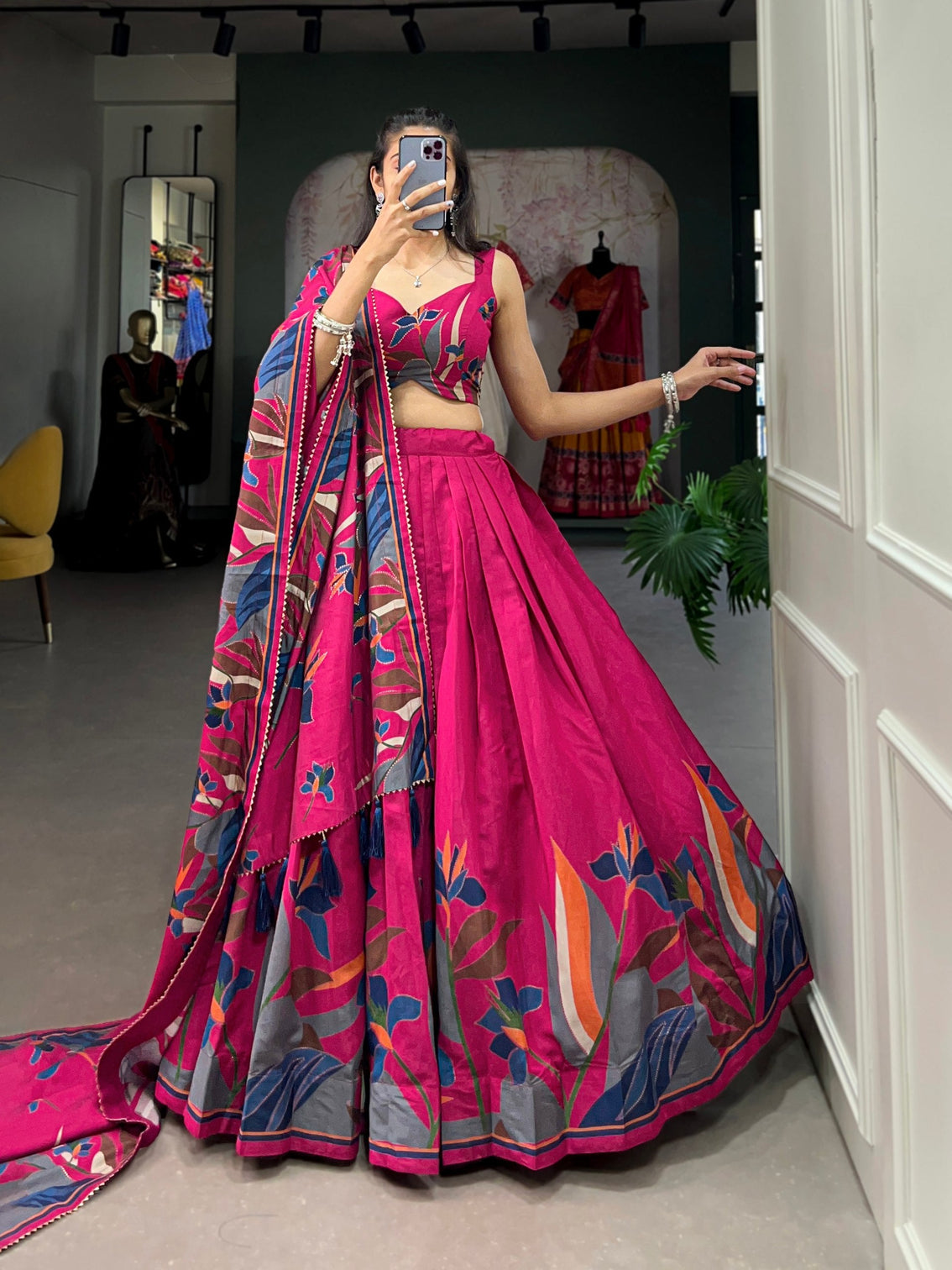Rani Pink Printed Lehenga Choli with Designer Dupatta