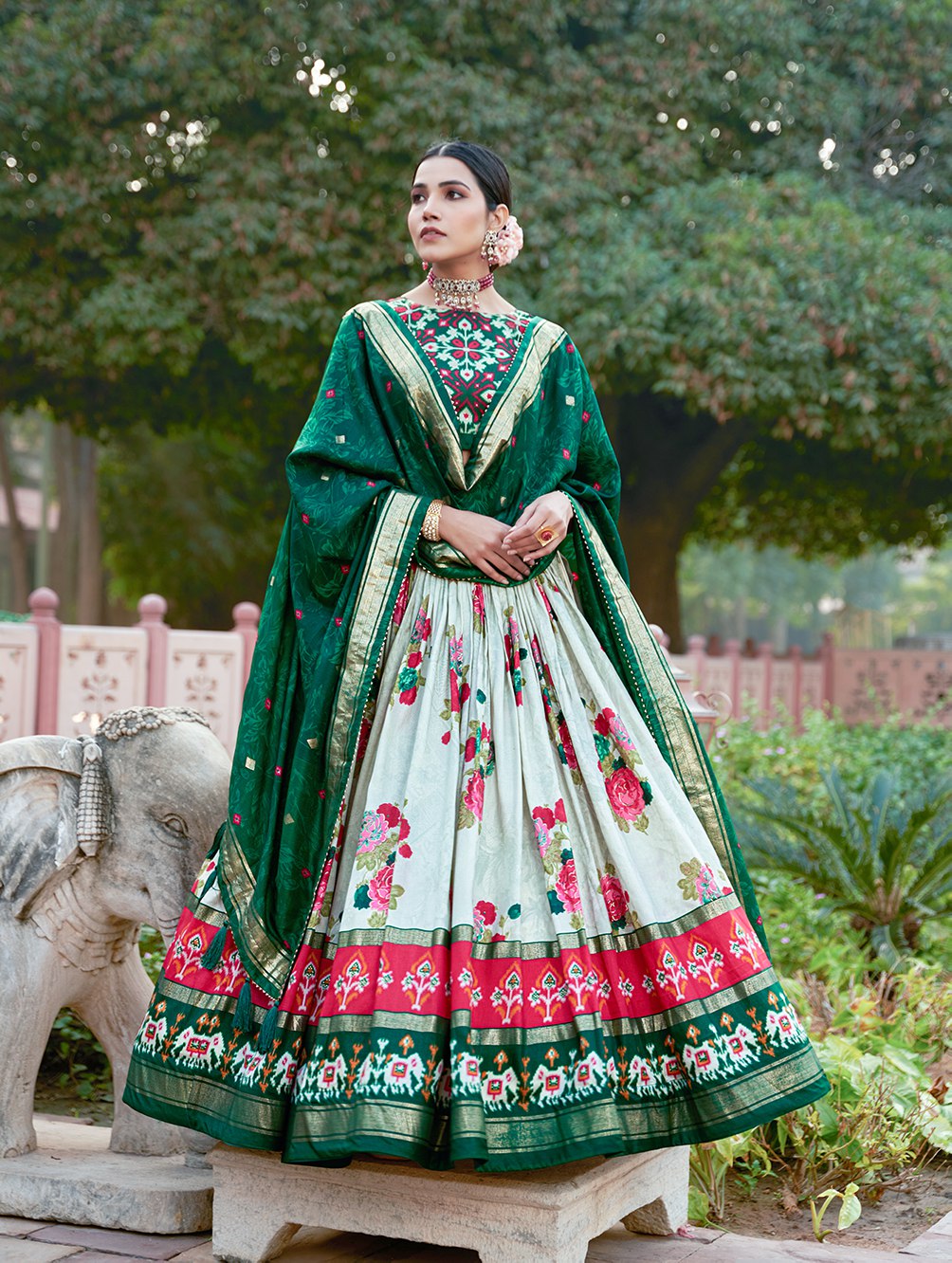 Green Floral Printed Lehenga Choli with Silk Dupatta & Traditional Border