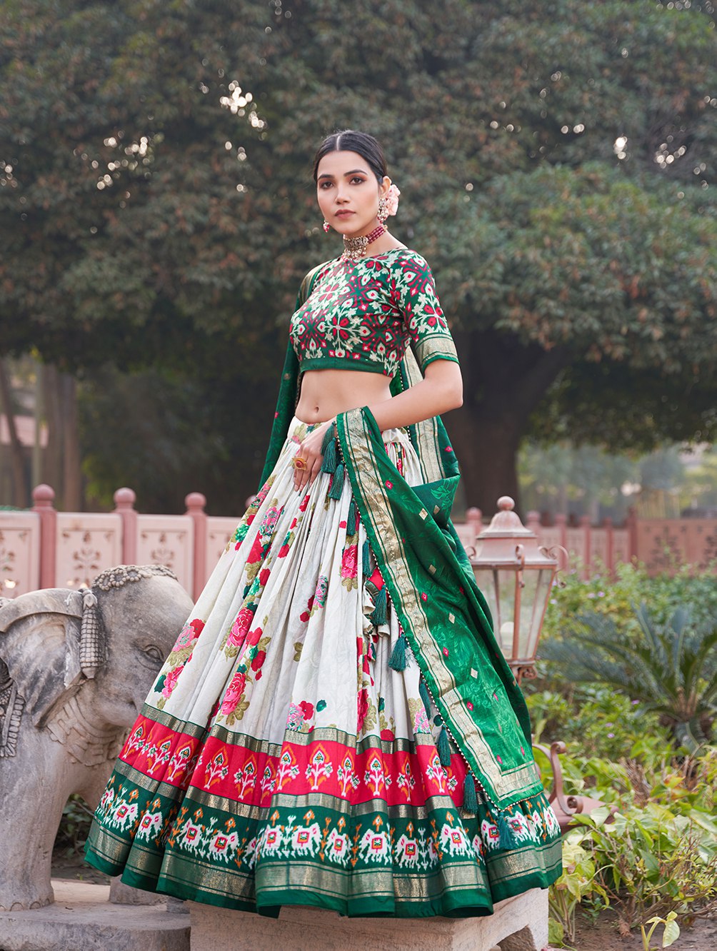 Green Floral Printed Lehenga Choli with Silk Dupatta & Traditional Border