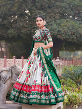 Green Floral Printed Lehenga Choli with Silk Dupatta & Traditional Border