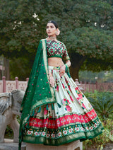 Green Floral Printed Lehenga Choli with Silk Dupatta & Traditional Border