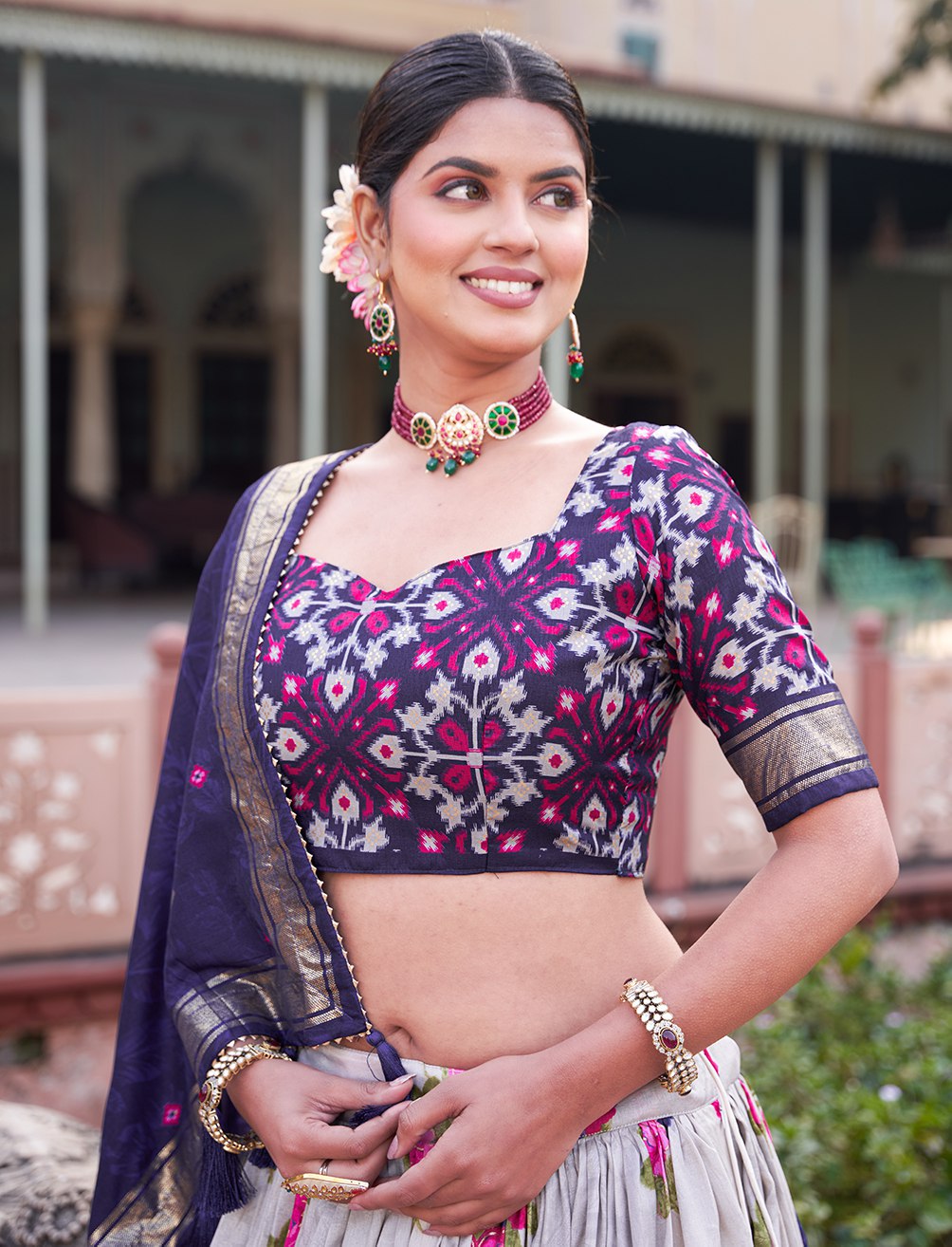 Navy Blue Floral Printed Lehenga Choli with Silk Dupatta & Traditional Border