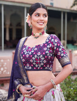 Navy Blue Floral Printed Lehenga Choli with Silk Dupatta & Traditional Border