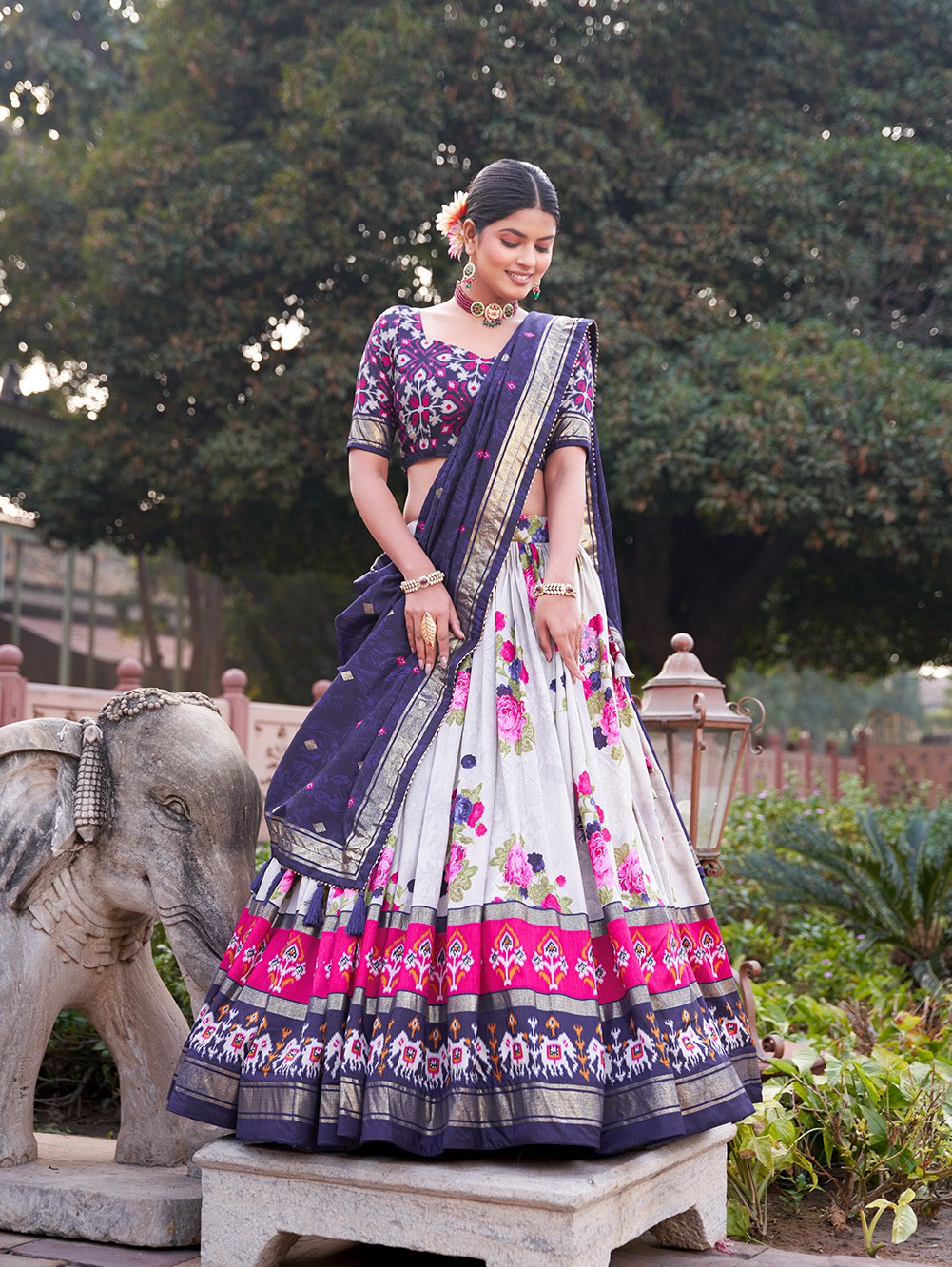 Navy Blue Floral Printed Lehenga Choli with Silk Dupatta & Traditional Border
