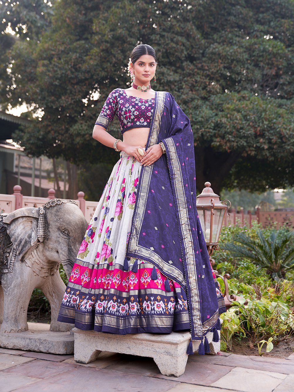 Navy Blue Floral Printed Lehenga Choli with Silk Dupatta & Traditional Border